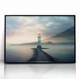 Framed acrylic wall art showcasing a serene lighthouse landscape design, featuring vibrant colors and intricate details, ideal for coastal-themed decor.