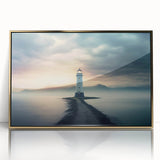 Framed acrylic wall art showcasing a coastal landscape with a lighthouse, accented in gold, perfect for modern home decor. The vibrant colors and intricate details create a stunning focal point for any room.