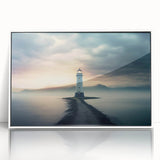 Framed acrylic wall art featuring a coastal lighthouse design against a vibrant sunset, ideal for home decor, adding a serene beach vibe to any room.