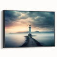 Framed canvas wall art featuring a serene lighthouse landscape design, showcasing vibrant colors and intricate details, ideal for nautical-themed home decor.