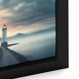 Close-up of a framed canvas artwork showcasing a vibrant lighthouse design, featuring bold colors and intricate details, perfect for coastal-themed decor.