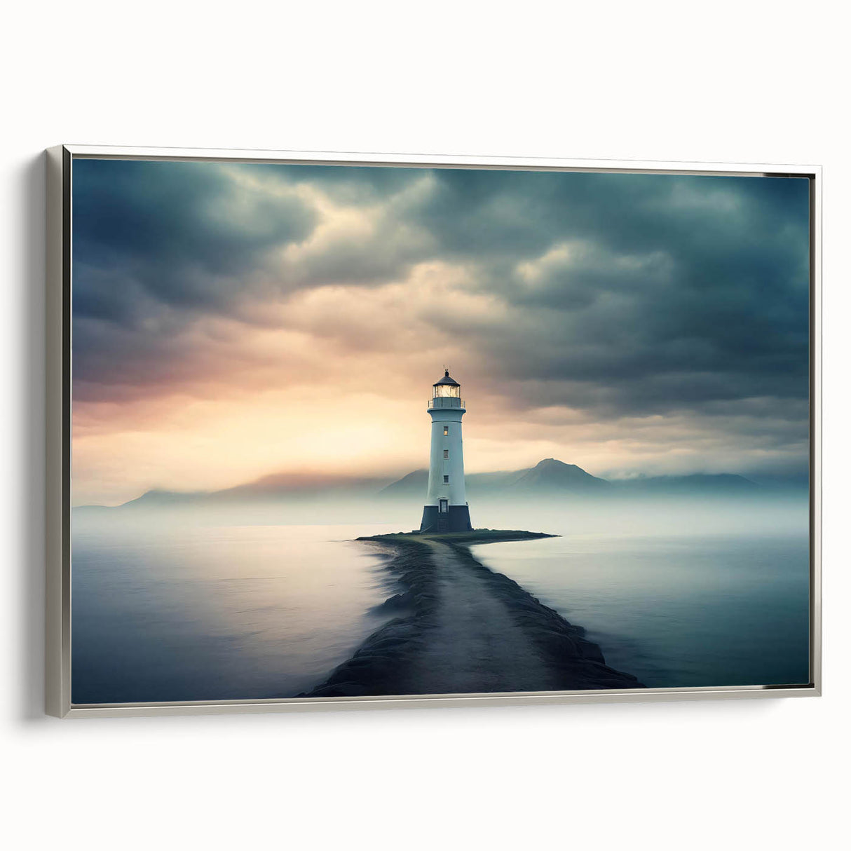 Framed canvas wall art collection showcasing a serene lighthouse design in a silver frame, highlighting tranquil coastal landscapes and vibrant colors. Perfect for nautical-themed decor.
