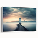 Framed canvas wall art collection showcasing a scenic lighthouse design against a serene landscape, featuring soft color tones of blue and white, enhancing coastal decor.
