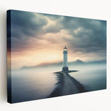 Stretched canvas wall art showcasing a serene lighthouse landscape design in calming blue and white tones, perfect for coastal-themed decor, enhancing any room's ambiance.