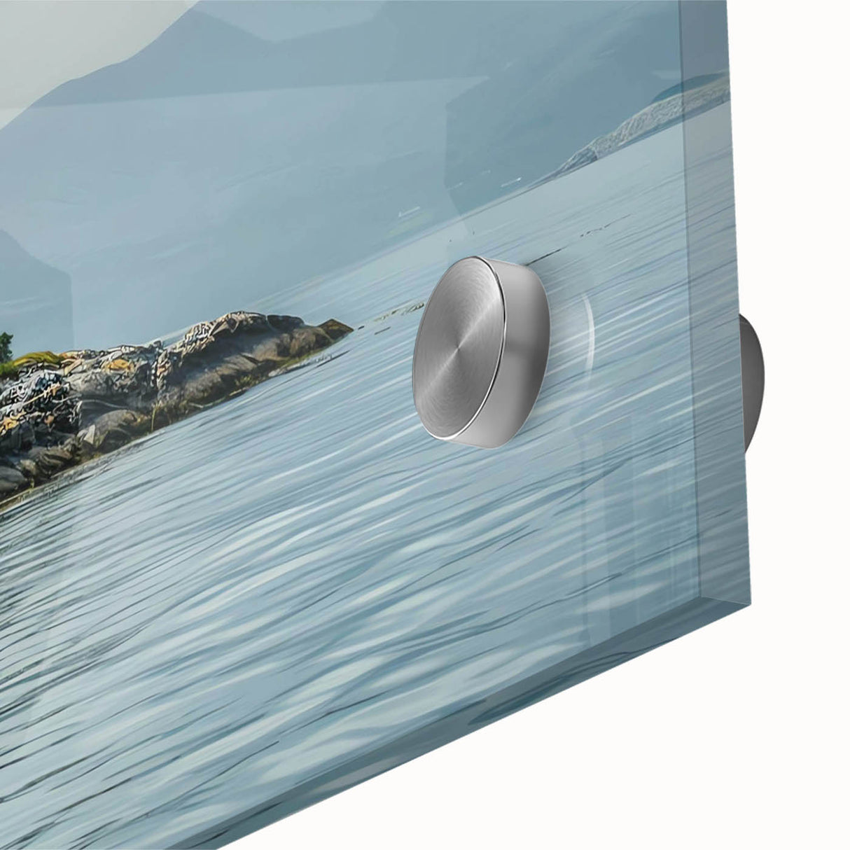 Close-up of a vibrant acrylic glass wall art piece showcasing a lighthouse design amidst a scenic landscape, ideal for coastal-themed home decor. The artwork features rich colors and intricate details, perfect for adding a serene touch to any room.