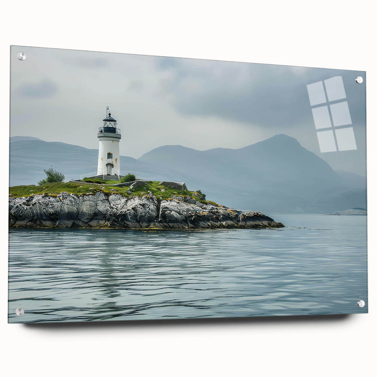 Acrylic glass wall art featuring a scenic lighthouse design, showcasing vibrant colors and intricate details, elegantly displayed with pins for mounting.