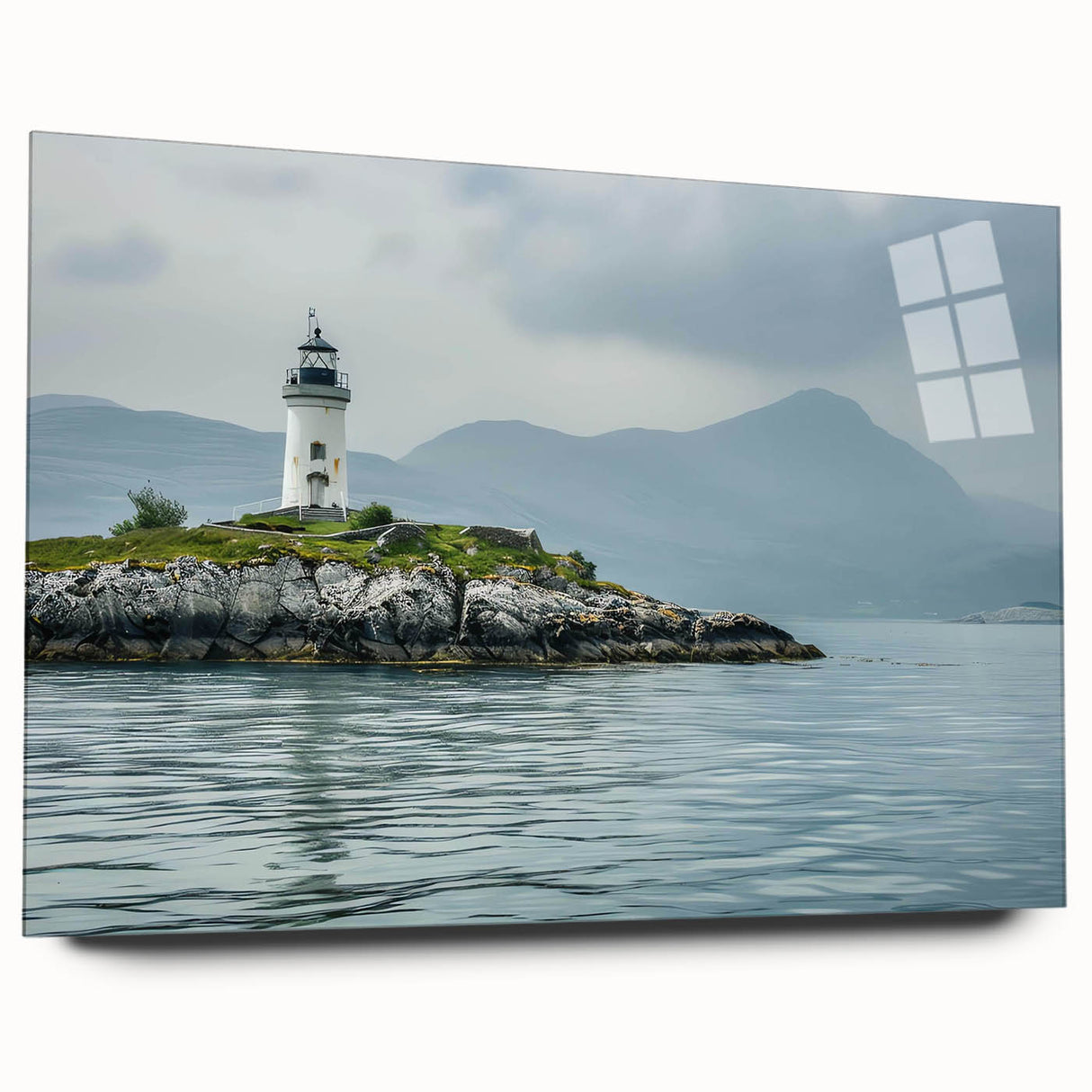 Side view of a lighthouse design wall art collection, featuring vibrant colors and an acrylic glass finish, ideal for nautical-themed decor.
