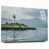 Side view of a lighthouse design wall art collection, featuring vibrant colors and an acrylic glass finish, ideal for nautical-themed decor.