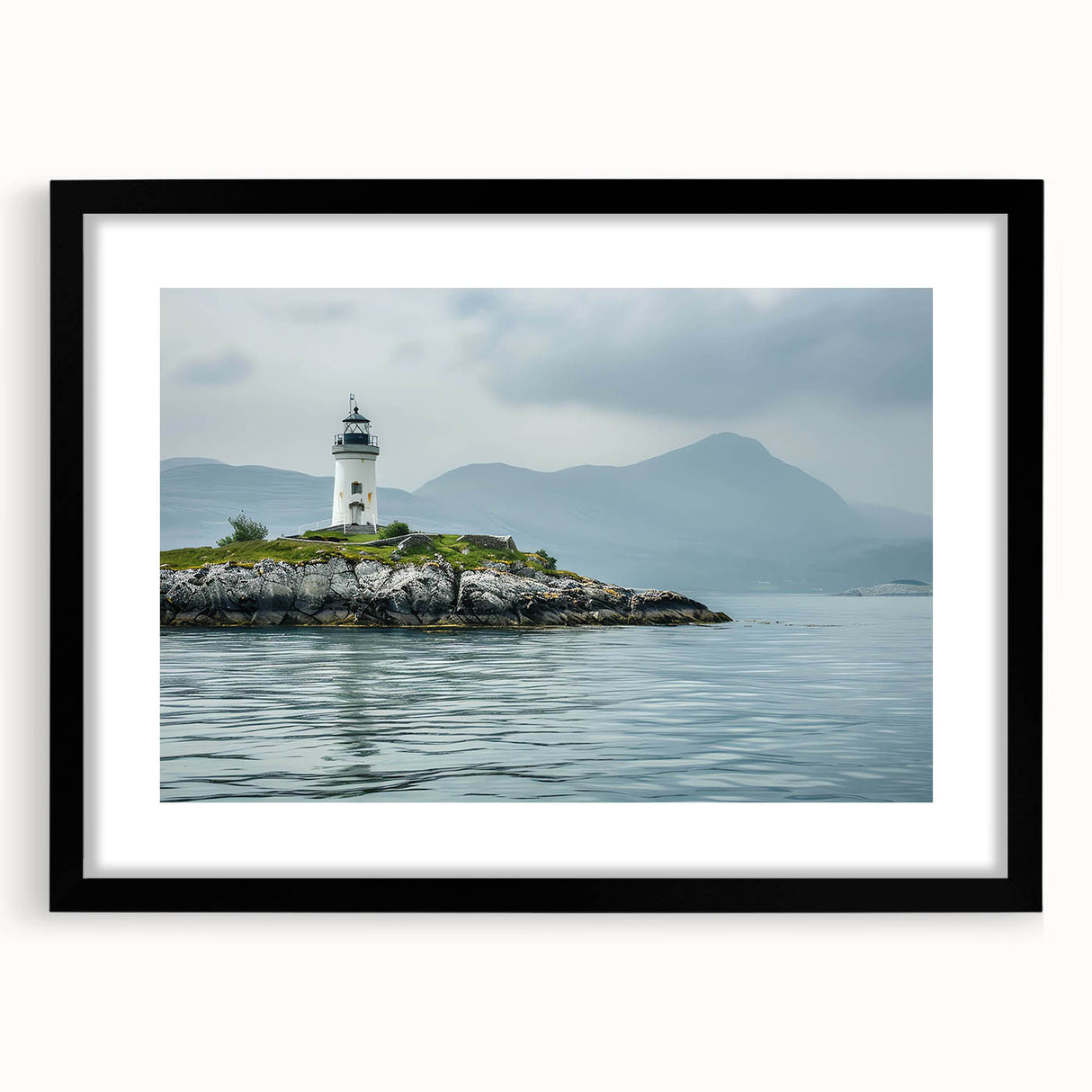 Framed wall art featuring a serene lighthouse landscape design, presented with a black mat and frame, ideal for coastal-themed home decor. Perfect for adding a touch of tranquility to living spaces.