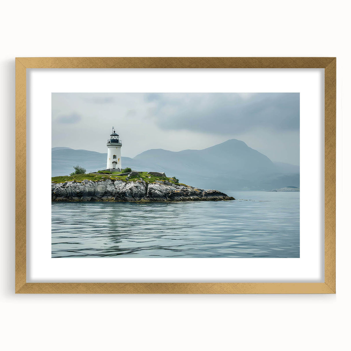 Framed wall art showcasing a scenic lighthouse landscape design with a gold mat, perfect for home decor. Ideal for enhancing coastal-themed interiors.