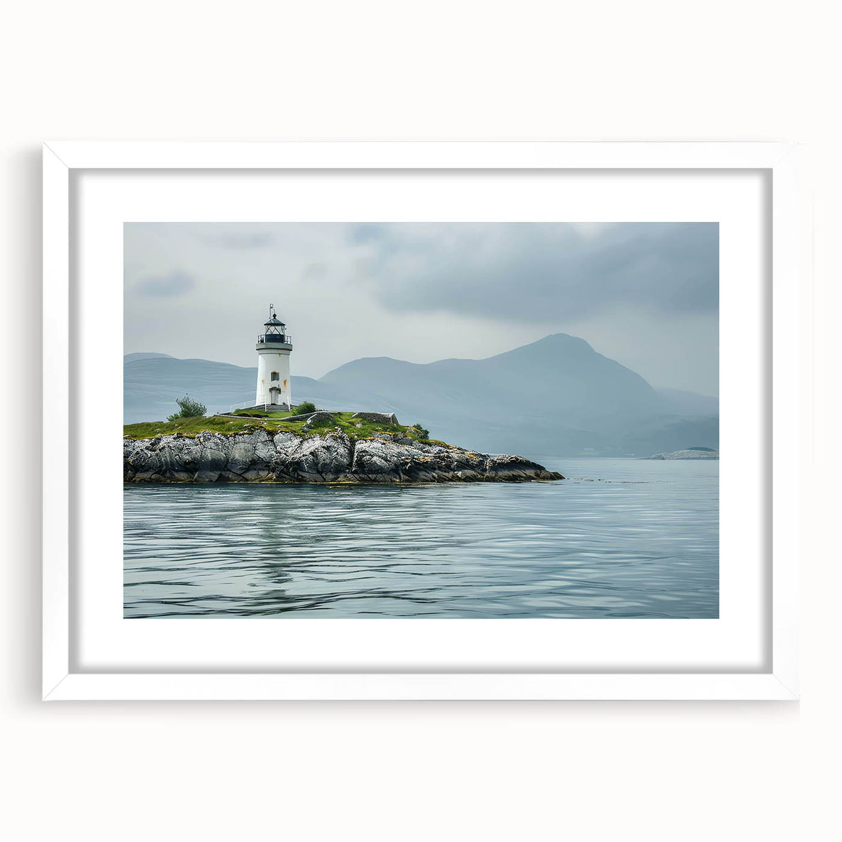 Framed wall art collection showcasing a serene lighthouse landscape design with a white mat and sleek frame, perfect for coastal-themed decor.