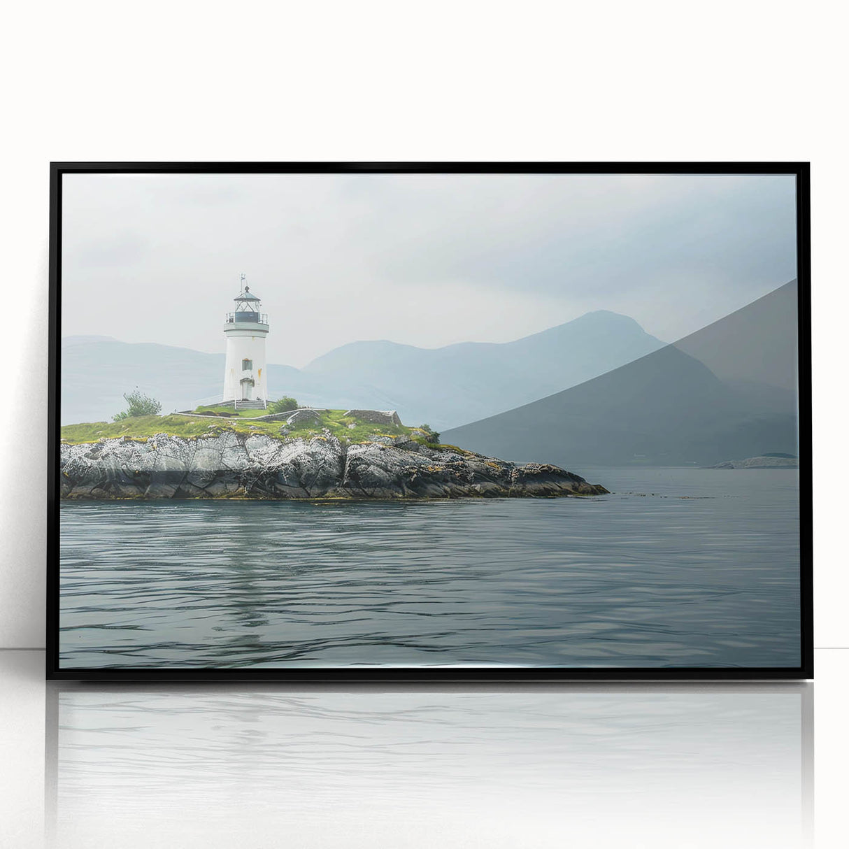 Framed wall art featuring a stunning lighthouse design set against a vibrant coastal landscape, with a sleek black frame enhancing its modern aesthetic. Perfect for nautical-themed decor or coastal living spaces.