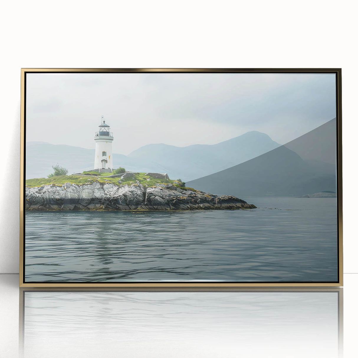 Framed wall art featuring a coastal lighthouse design, set against a vibrant sunset backdrop with golden accents, perfect for seaside decor enthusiasts.