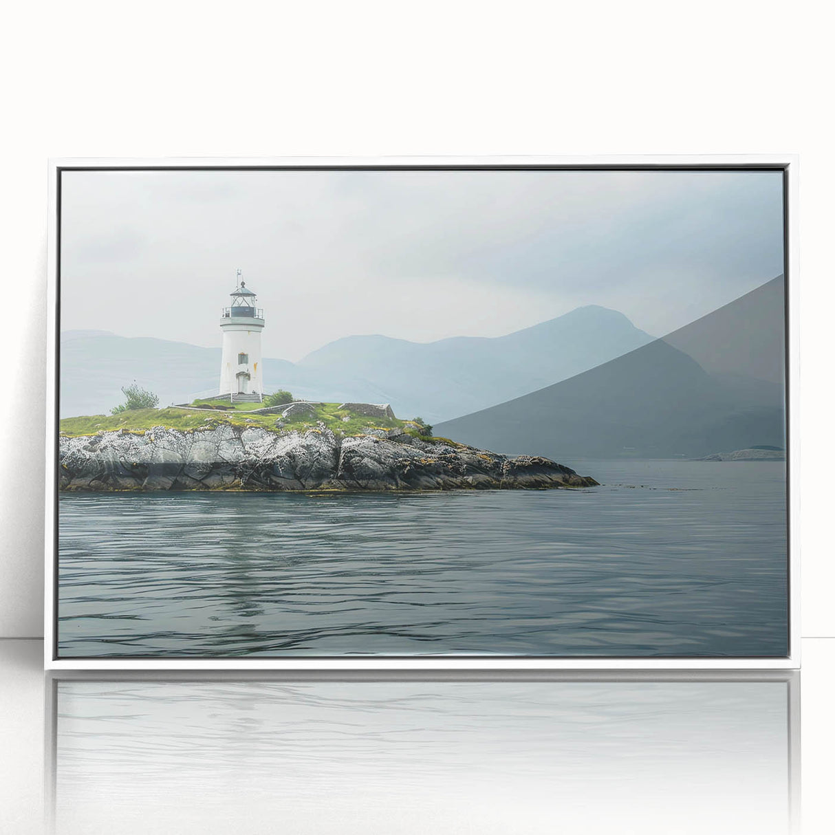 Framed acrylic wall art showcasing a serene lighthouse landscape design with vibrant colors, perfect for coastal-themed decor, enhancing living spaces with tranquility.