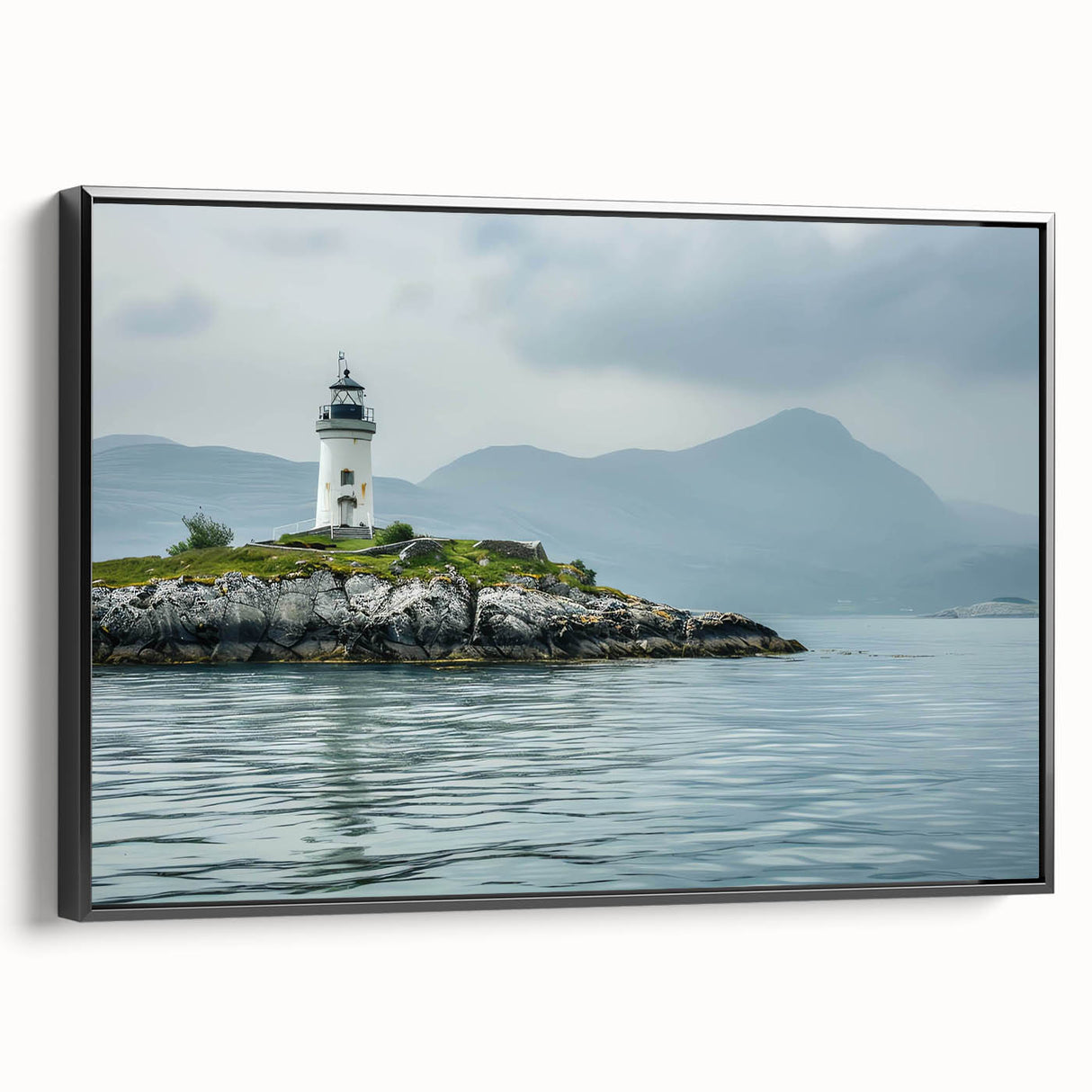 Framed canvas wall art showcasing a serene coastal landscape with a lighthouse, featuring a black frame and vibrant colors, ideal for home decor enhancement.