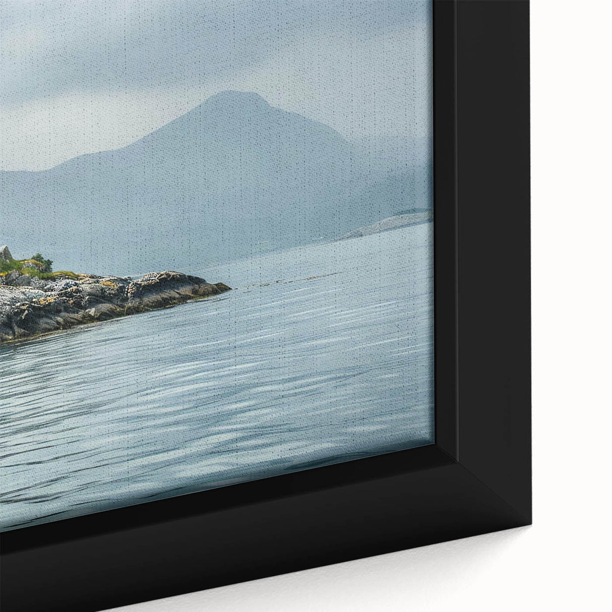 Close-up of a framed canvas wall art piece depicting a serene lighthouse landscape, showcasing vibrant colors and intricate details, perfect for nautical-themed decor.