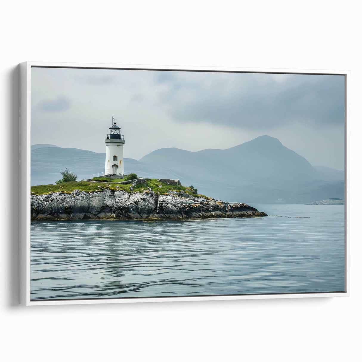 Framed canvas wall art showcasing a serene lighthouse design amidst tranquil seascapes, featuring white accents and a side view perspective, perfect for coastal home decor.
