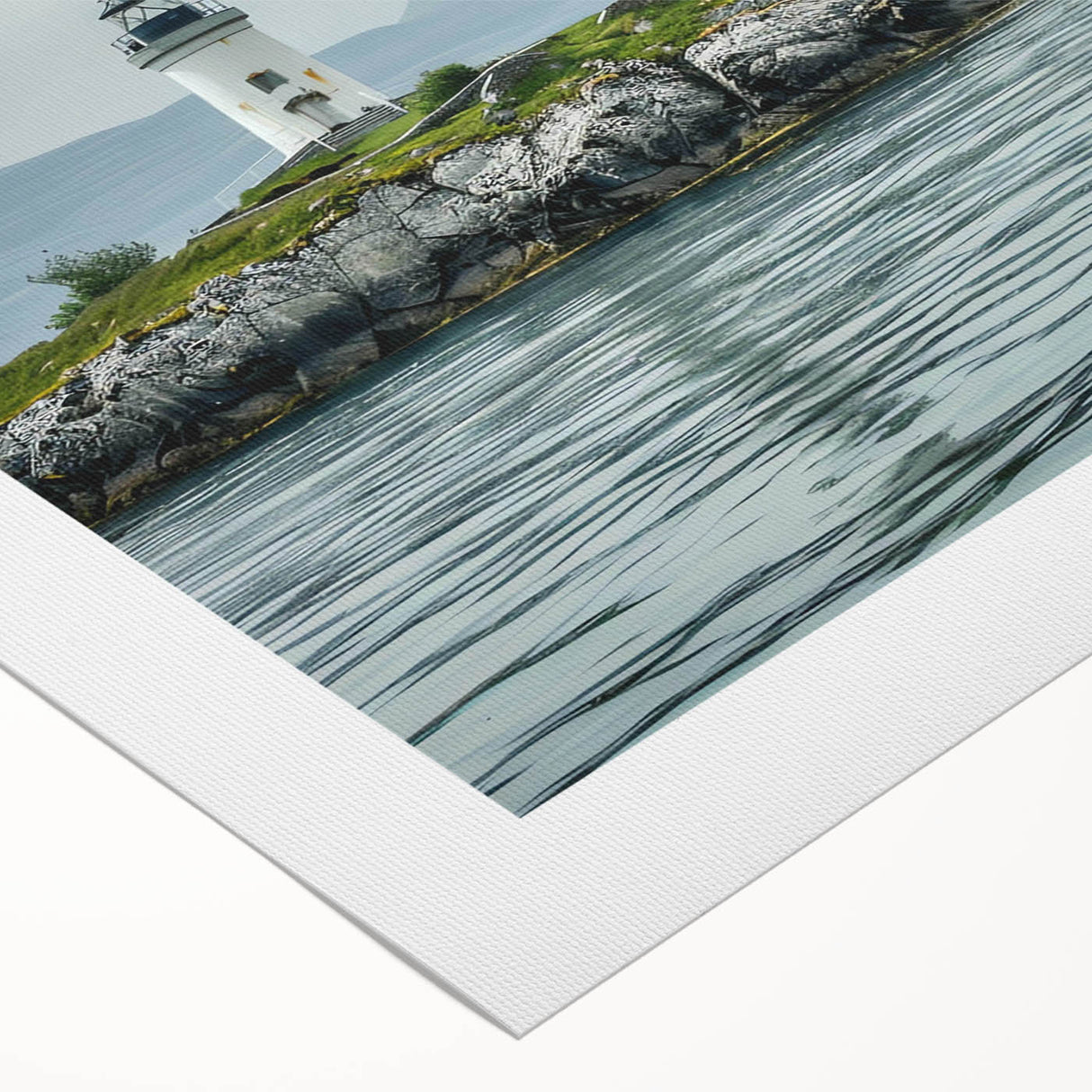Rolled canvas artwork showcasing a serene lighthouse landscape in vibrant colors, designed for wall decoration, perfect for enhancing coastal-themed interiors.