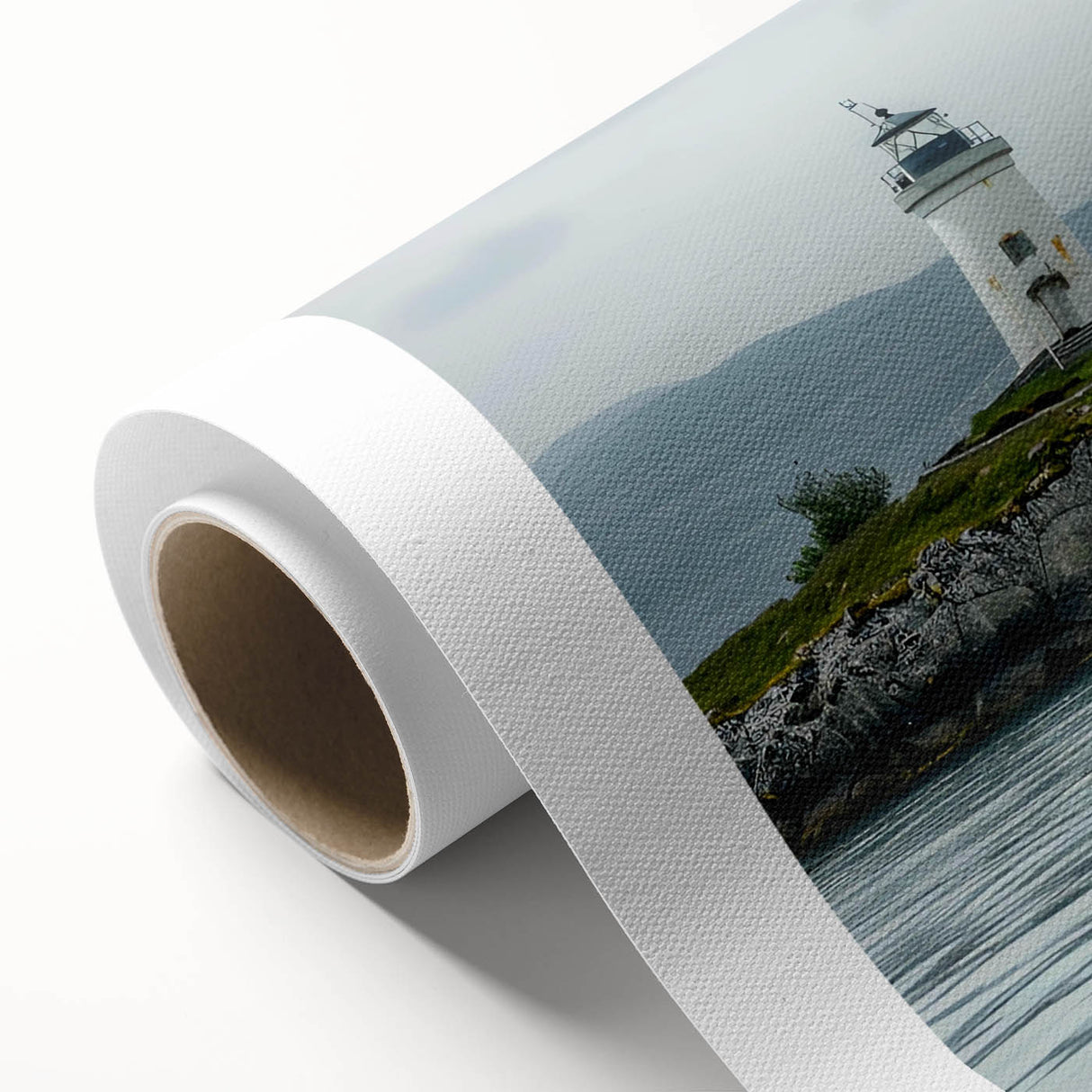 Coastal landscape wall art featuring a serene lighthouse scene on rolled canvas, showcasing vibrant colors and intricate details, perfect for home décor.