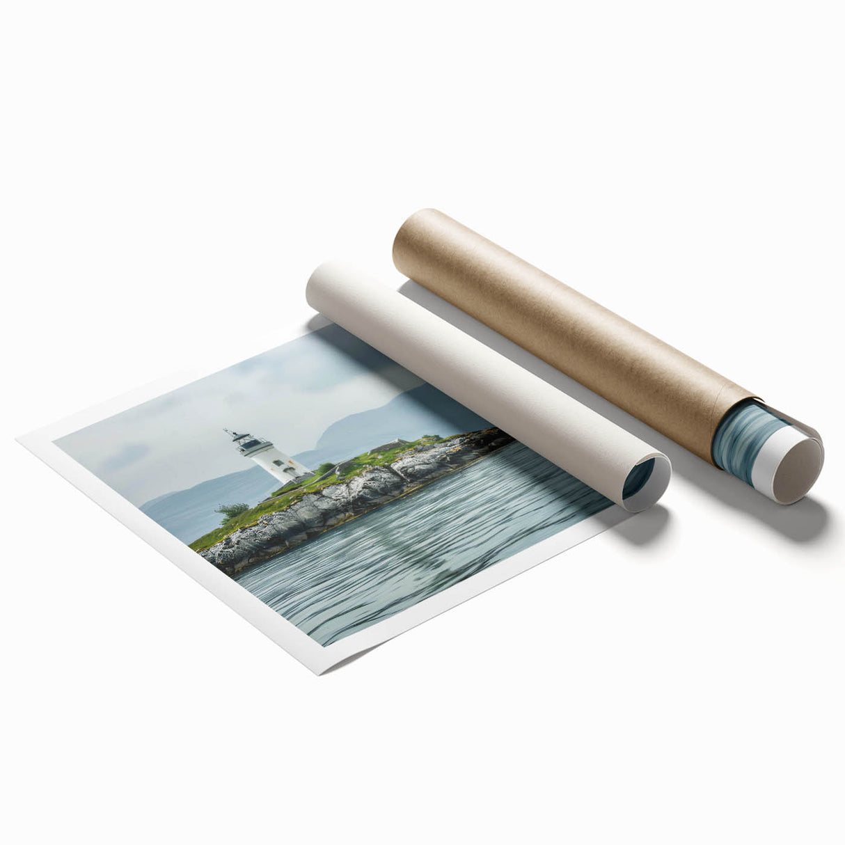 Rolled print of a lighthouse landscape design, featuring vibrant blues and whites, perfect for coastal-themed decor. Ready for framing, adds nautical charm to any space.