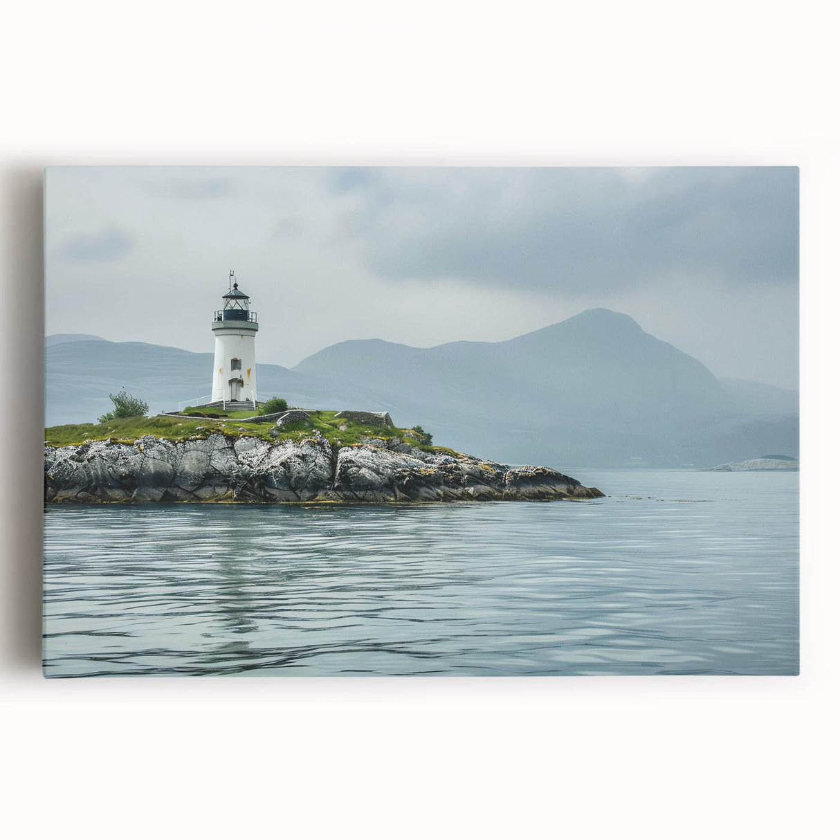 Stretched canvas wall art showcasing a vibrant lighthouse design set against a serene coastal landscape, perfect for nautical-themed home decor.