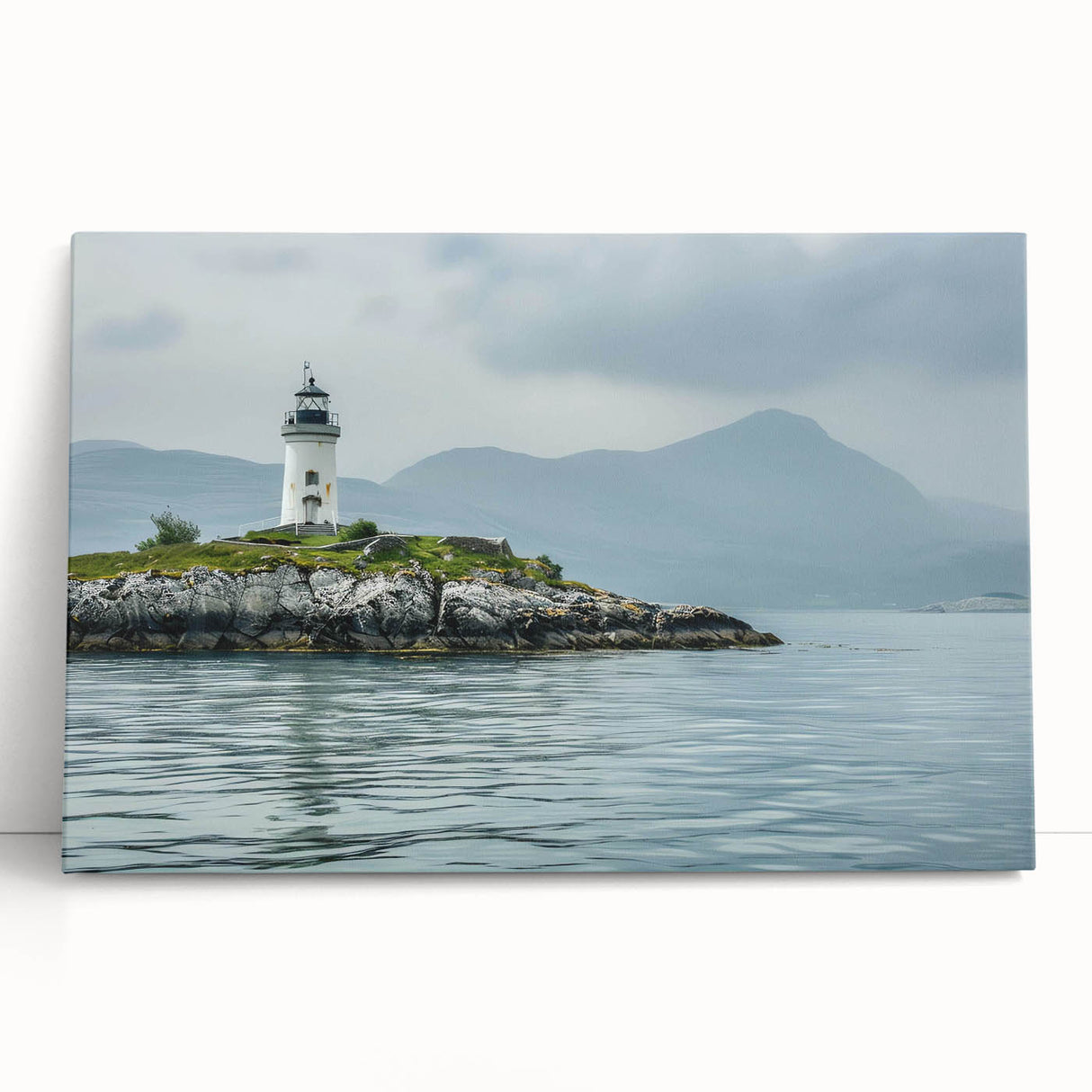 Stretched canvas wall art featuring a serene lighthouse landscape design, showcasing vibrant colors and intricate details, perfect for coastal-themed decor.
