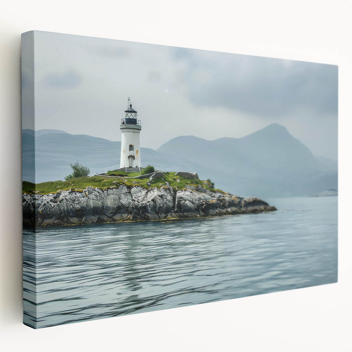 Stretched canvas wall art showcasing a picturesque lighthouse design, featuring vibrant coastal colors and intricate details, perfect for enhancing home decor with a nautical theme.