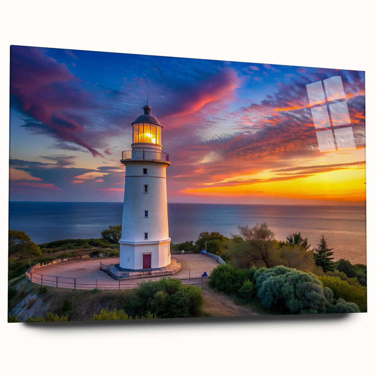 Acrylic glass wall art featuring a serene lighthouse landscape design, showcasing vibrant colors and intricate details, perfect for coastal decor enthusiasts.