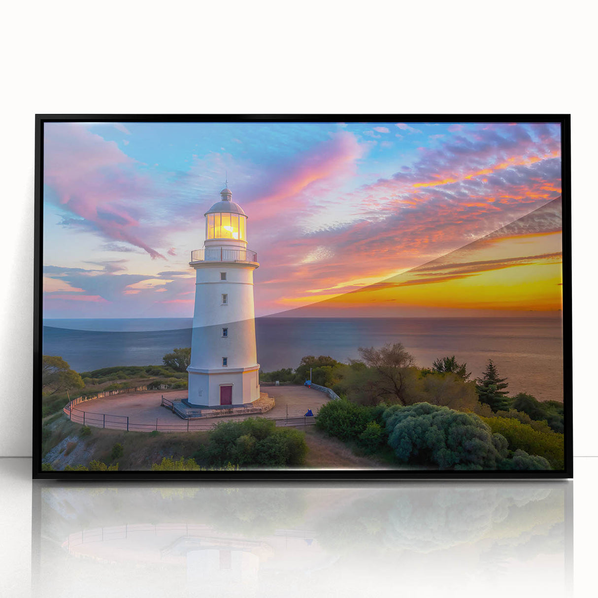 Framed wall art showcasing a striking lighthouse design with vibrant colors, set against a serene landscape, perfect for nautical-themed home decor.
