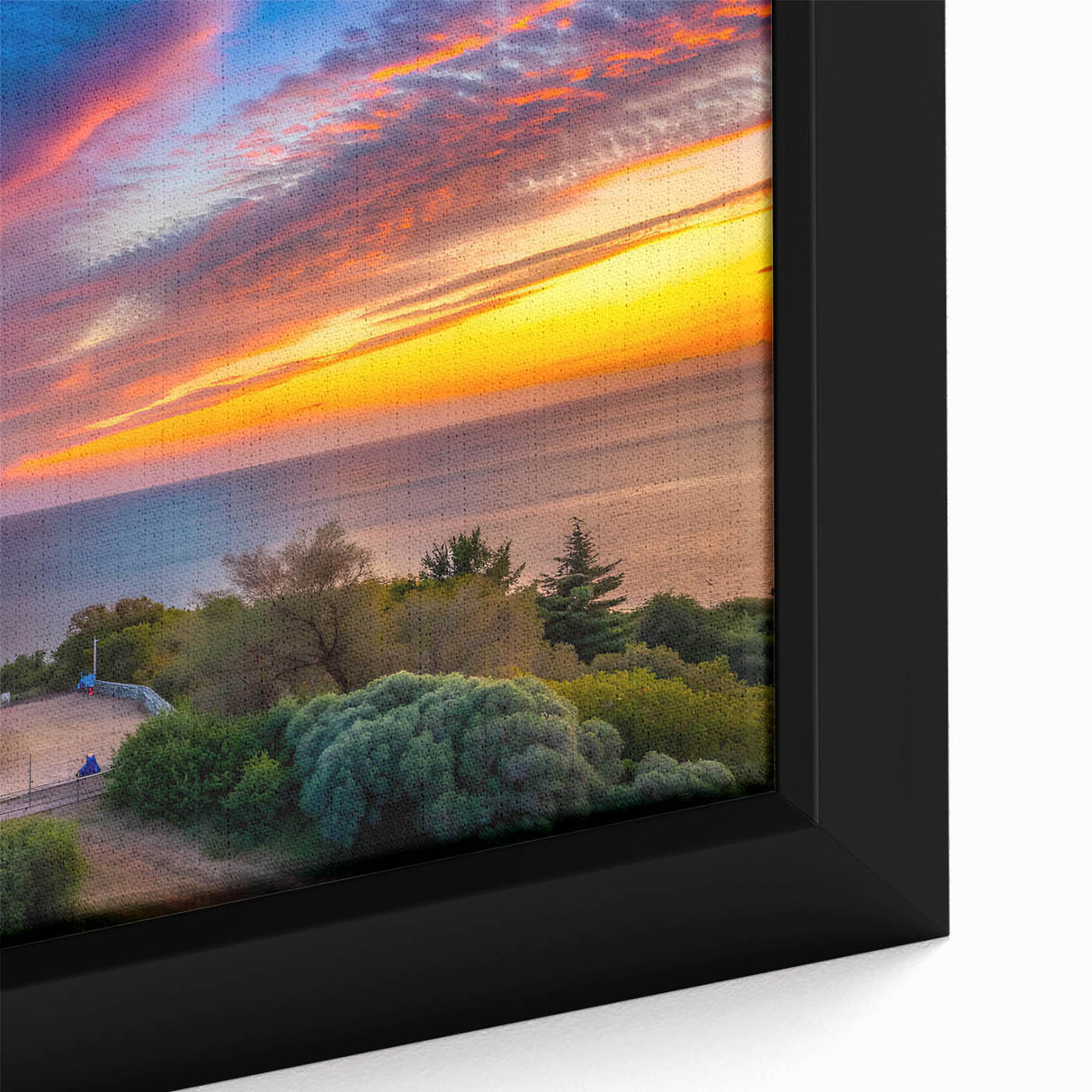 Close-up of a framed canvas wall art featuring a serene lighthouse design, showcasing vibrant blues and whites, ideal for coastal-themed decor.