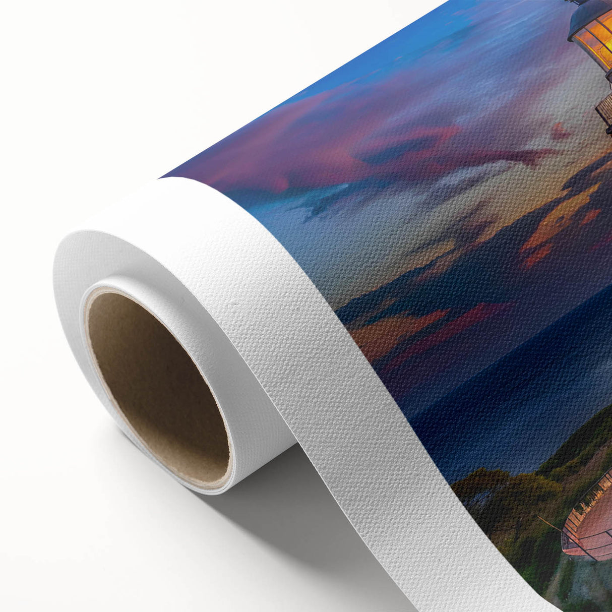 Vibrant rolled canvas showcasing a coastal lighthouse landscape design, emphasizing warm sunset hues and intricate detailing, perfect for home decor enthusiasts.