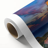 Vibrant rolled canvas showcasing a coastal lighthouse landscape design, emphasizing warm sunset hues and intricate detailing, perfect for home decor enthusiasts.