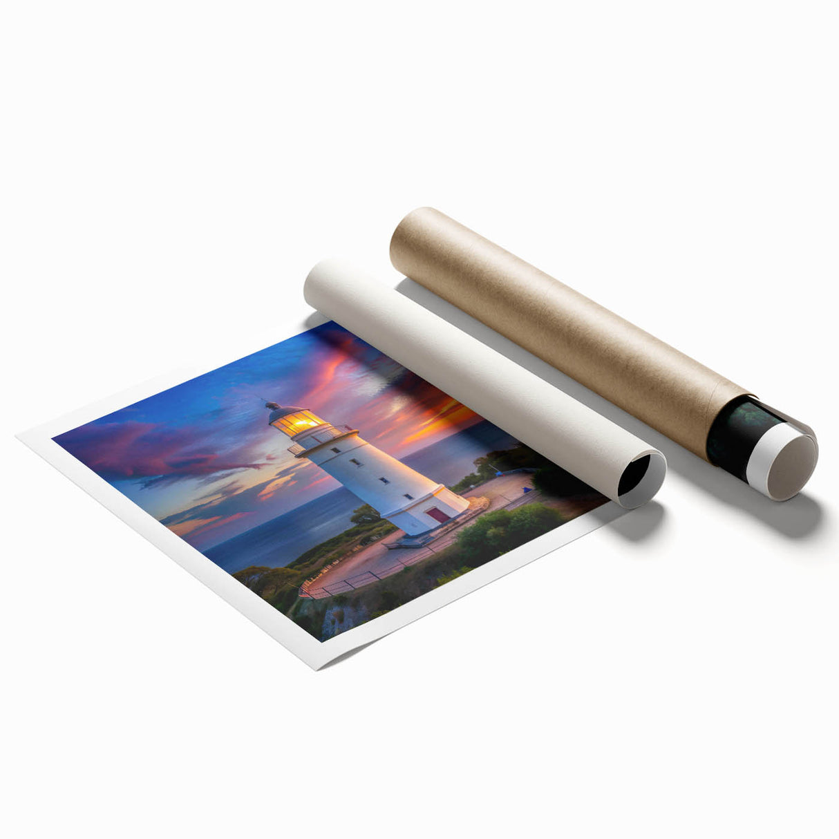 Lighthouse landscape wall art print showcasing vibrant colors and intricate details, designed for home decor, rolled and ready for framing in a protective tube.