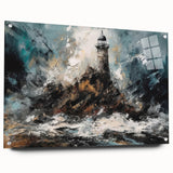 Acrylic glass wall art featuring a serene lighthouse landscape design, showcasing vibrant colors and intricate details, ideal for coastal-themed decor. The artwork is presented in a side view, highlighting its elegant pins and modern aesthetic, perfect for enhancing any interior space.