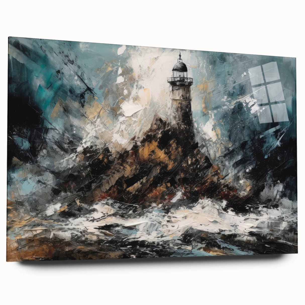 Acrylic glass wall art showcasing a serene lighthouse landscape design, featuring vibrant colors and intricate details, perfect for coastal decor enthusiasts.