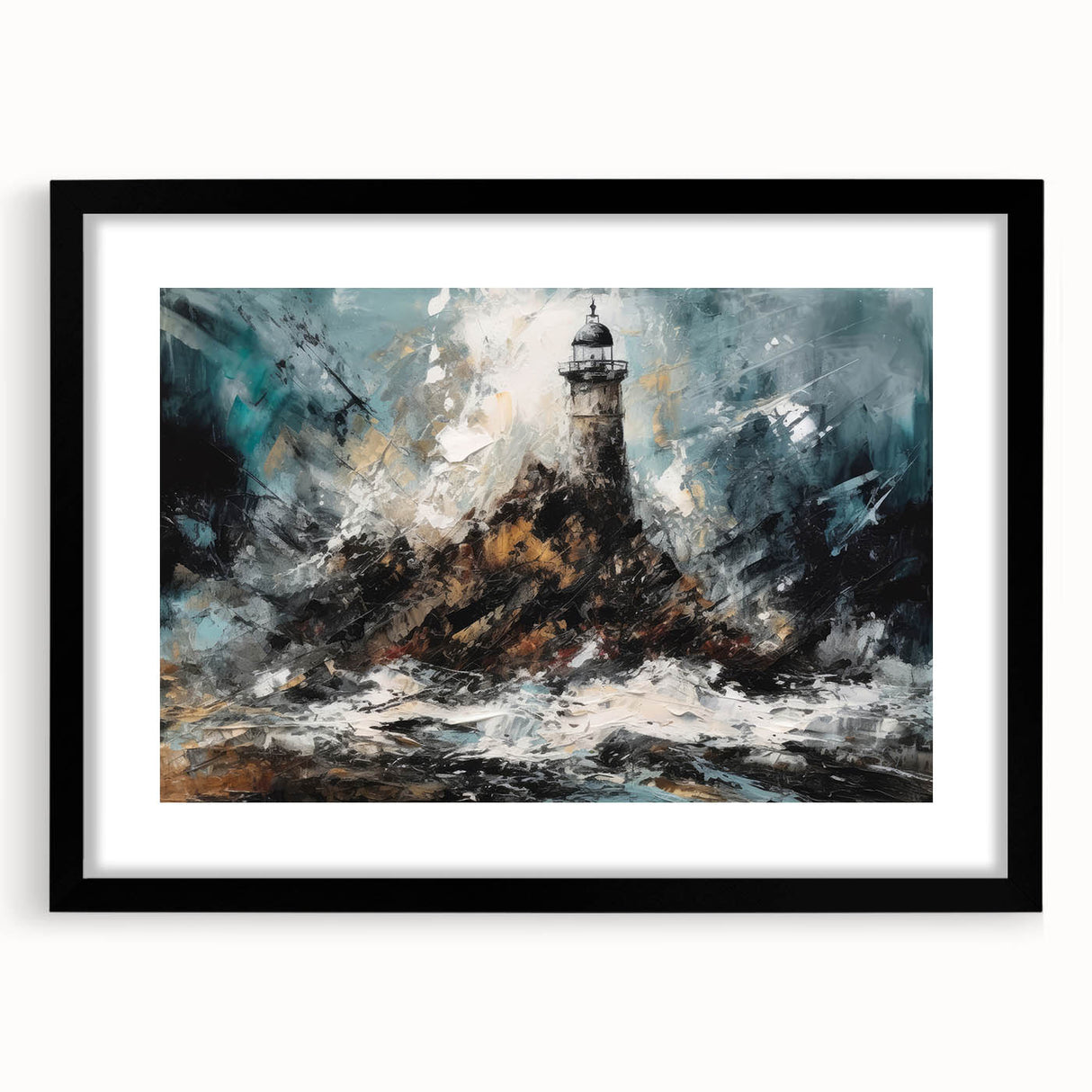 Framed wall art featuring a serene lighthouse landscape design, highlighted by a black frame with a white mat, perfect for coastal-themed decor.