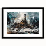 Framed wall art featuring a serene lighthouse landscape design, highlighted by a black frame with a white mat, perfect for coastal-themed decor.