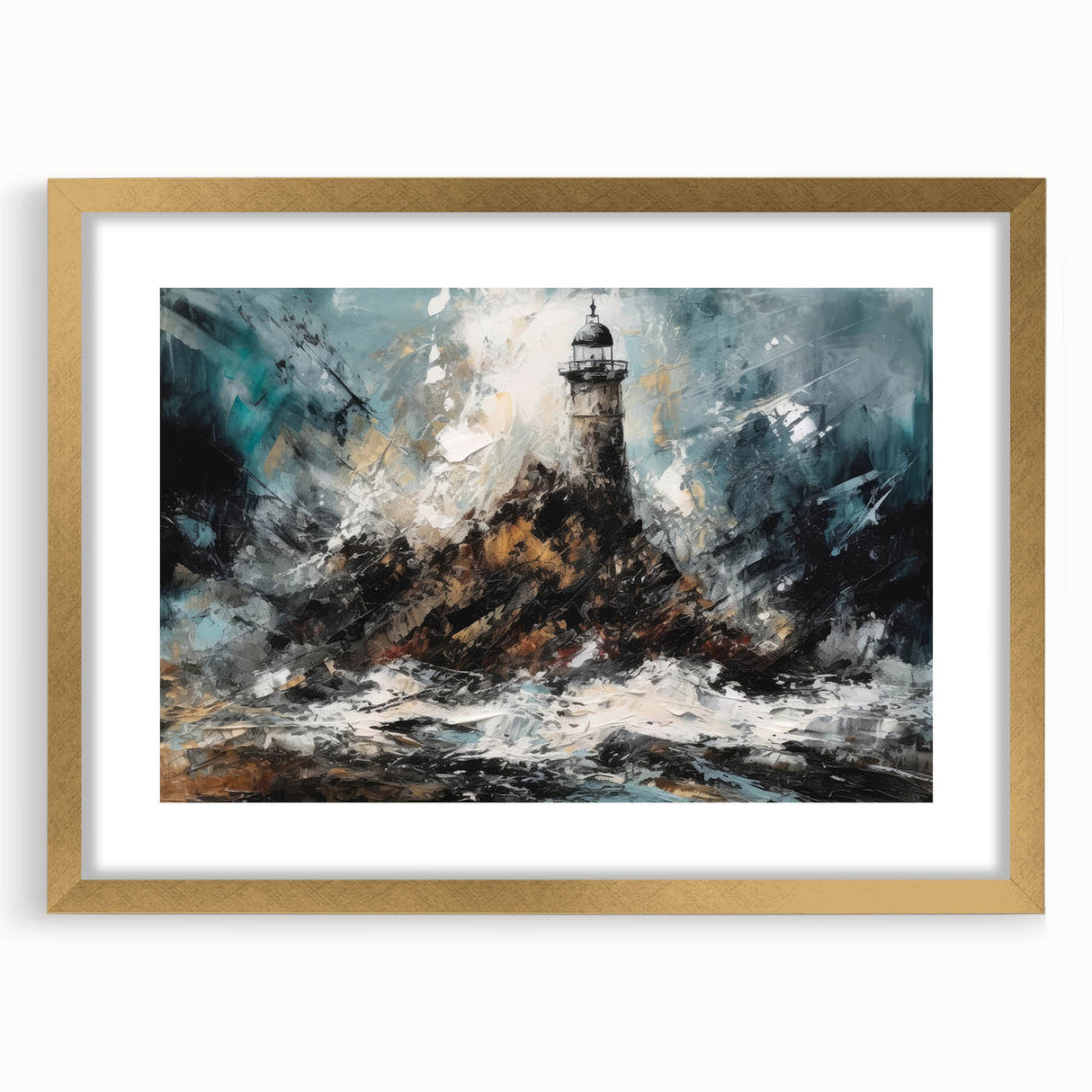 Framed wall art featuring a serene lighthouse landscape design with gold accents, perfect for coastal decor. The artwork is displayed in a stylish mat, enhancing its elegance.