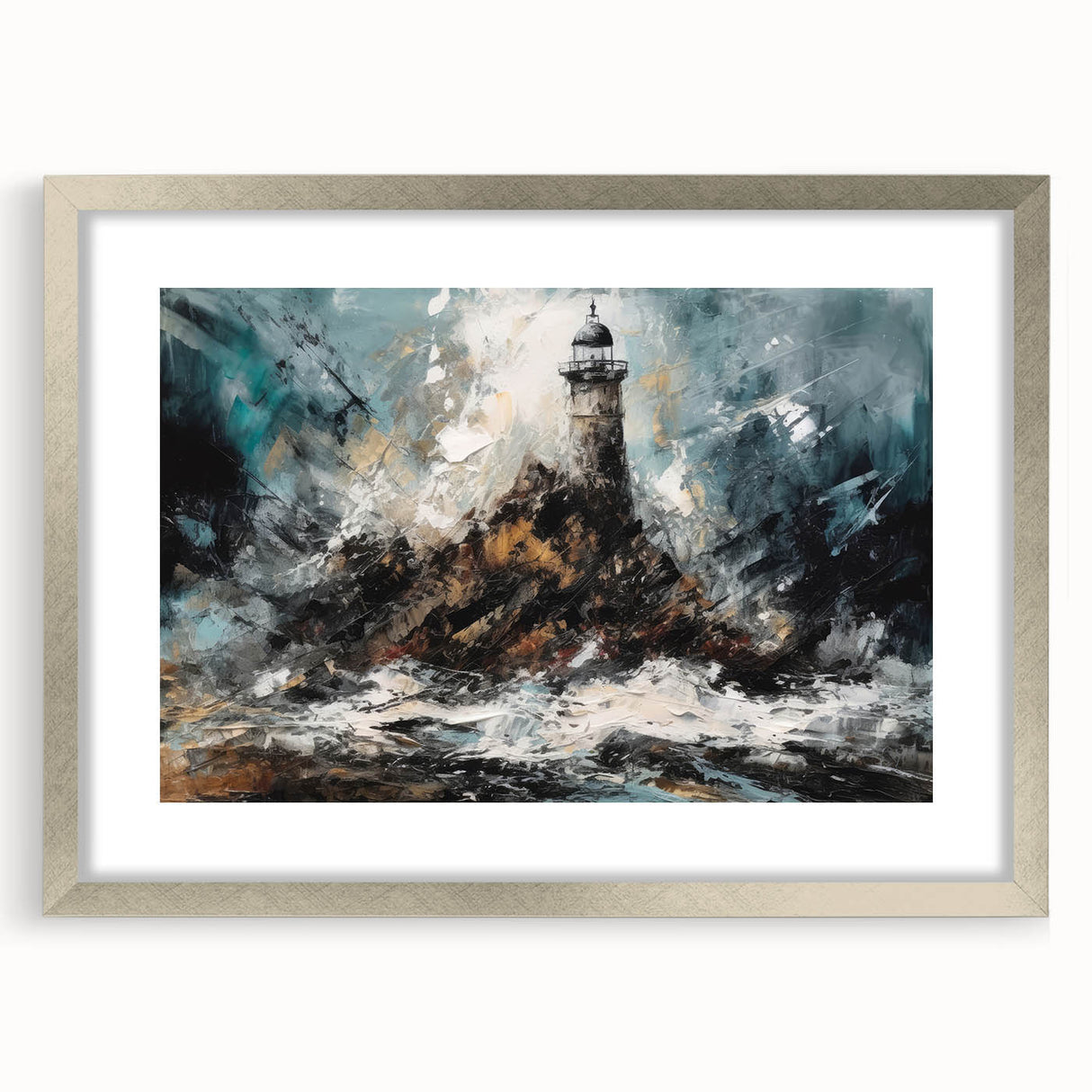 Framed wall art showcasing a serene lighthouse landscape design, featuring a silver mat and sleek frame, perfect for coastal home decor.