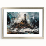 Framed wall art showcasing a serene lighthouse landscape design, featuring a silver mat and sleek frame, perfect for coastal home decor.
