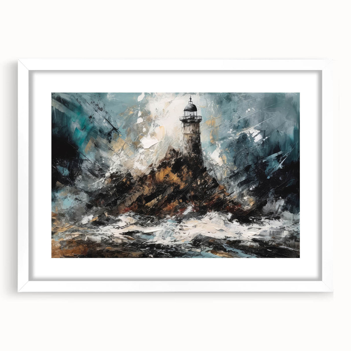 Framed wall art featuring a serene lighthouse landscape design with a white mat, showcasing vibrant colors and intricate details, perfect for coastal decor enthusiasts.