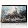 Framed acrylic wall art featuring a vibrant lighthouse design, showcasing a coastal landscape with rich colors and intricate details, perfect for home decor.