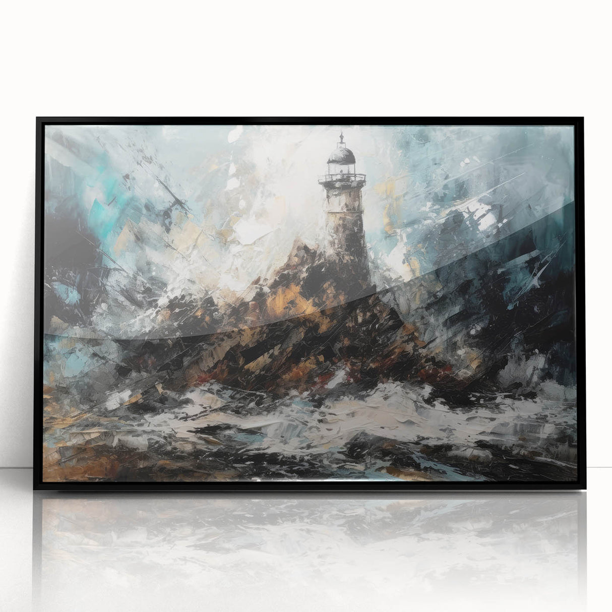 Framed acrylic wall art featuring a vibrant lighthouse design, showcasing a coastal landscape with rich colors and intricate details, perfect for home decor.