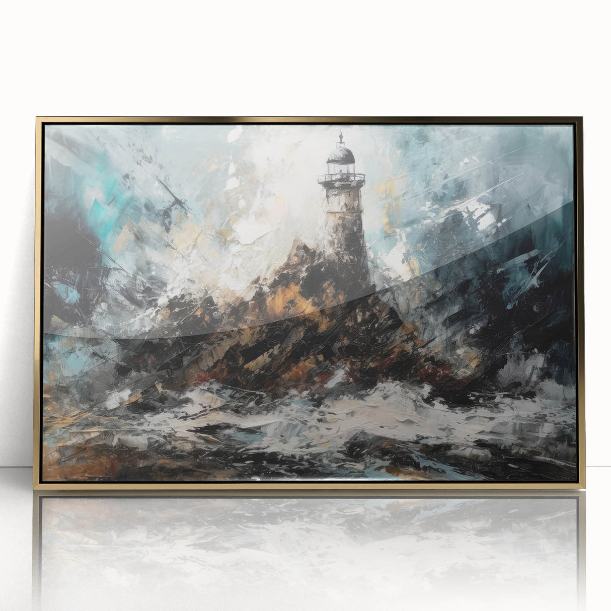 Framed acrylic wall art showcasing a picturesque lighthouse design with gold accents, ideal for enhancing coastal-themed interiors and adding elegance to home decor.