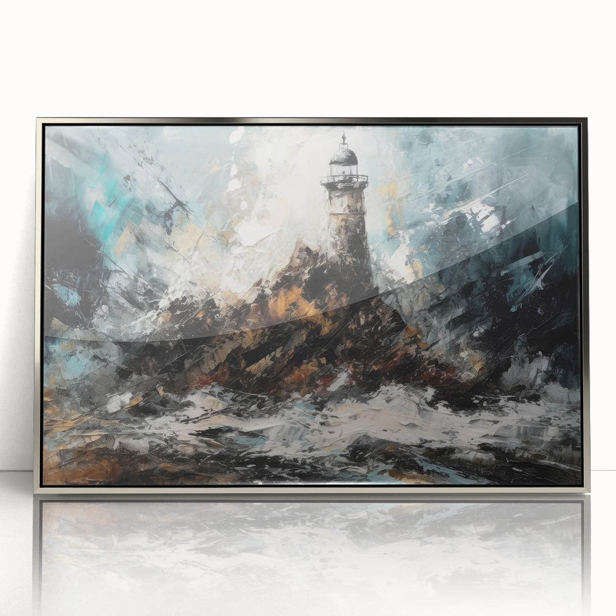 Framed wall art featuring a serene coastal landscape with a lighthouse, set in an elegant silver frame, perfect for home decor and enhancing interior aesthetics.