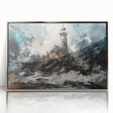Framed wall art featuring a serene coastal landscape with a lighthouse, set in an elegant silver frame, perfect for home decor and enhancing interior aesthetics.