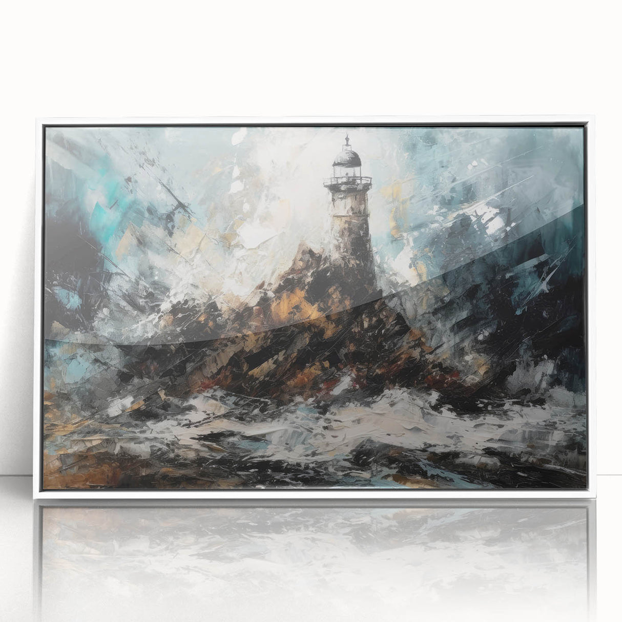 Framed acrylic wall art featuring a serene lighthouse design against a coastal landscape, showcasing vibrant colors and intricate details, perfect for home decor.