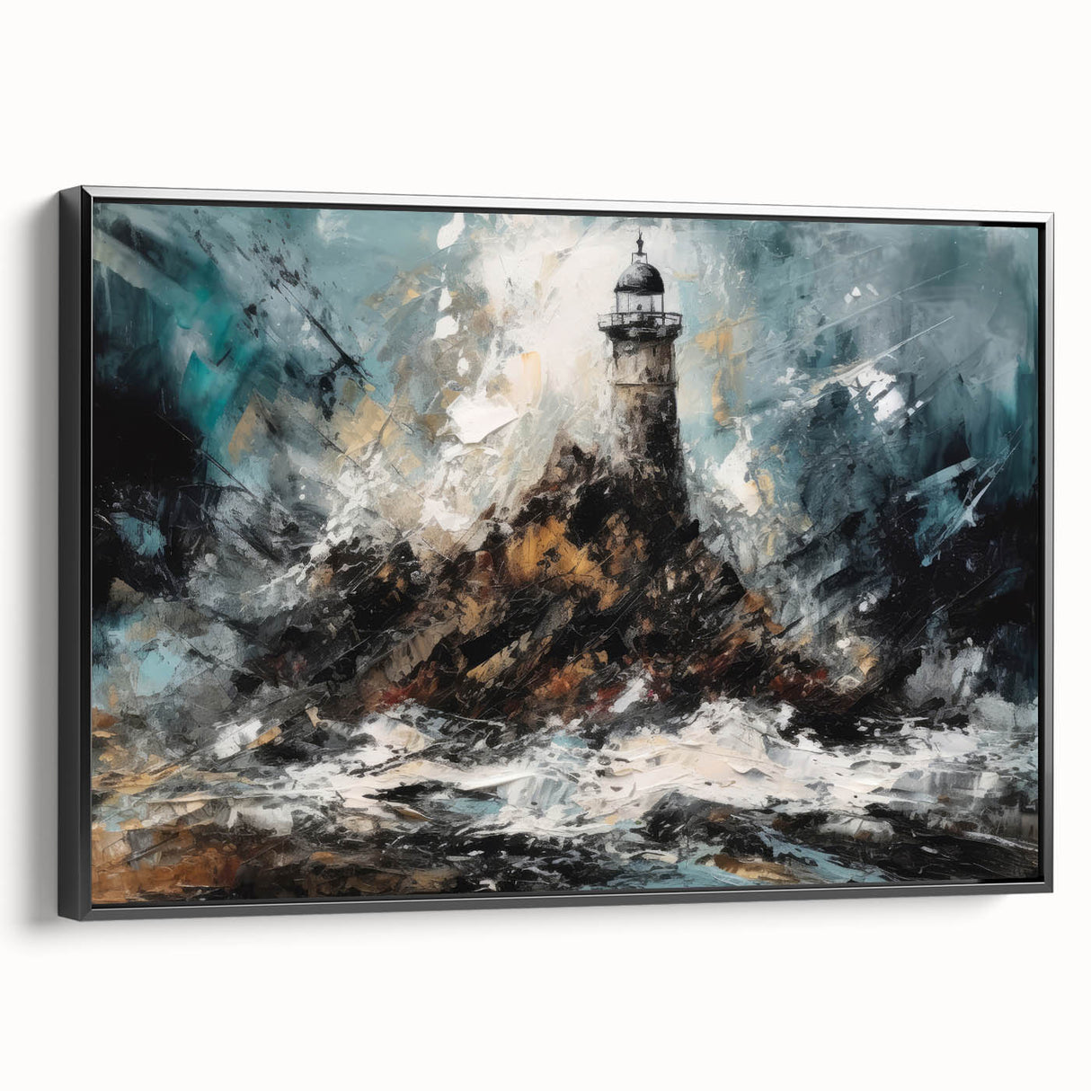Framed canvas wall art showcasing a serene lighthouse landscape design with vibrant blues and greens, set against a black frame, ideal for coastal decor enthusiasts.