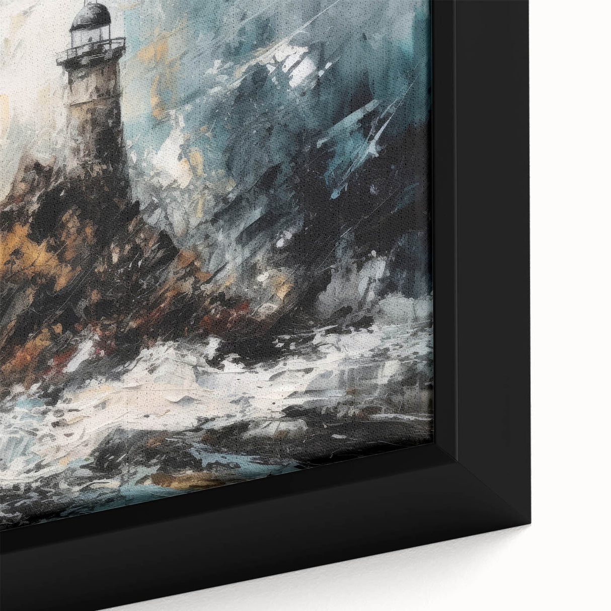 Close-up of a framed canvas wall art piece showcasing a serene lighthouse landscape design, with vibrant blues and greens, perfect for coastal-themed decor.