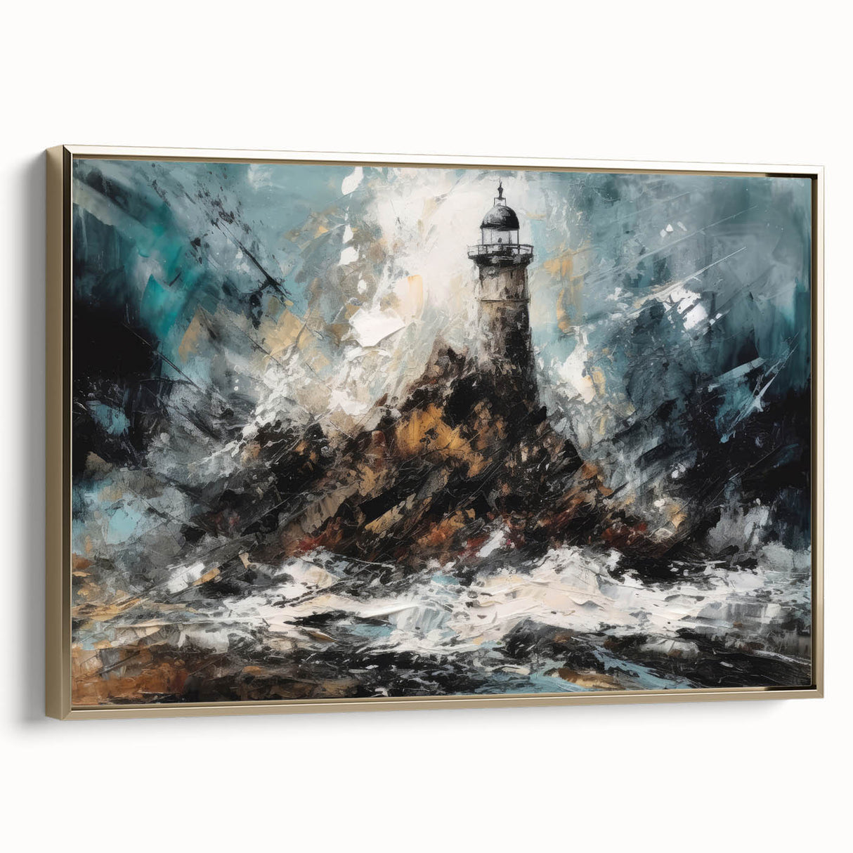 Framed canvas wall art showcasing a lighthouse design, highlighted with gold accents against a serene landscape backdrop, perfect for coastal-themed decor.